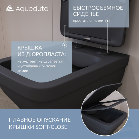 Aqueduto ESTETA Унитаз подвесной 520*370 безободковый, сиденье с микролифтом, черный матовый