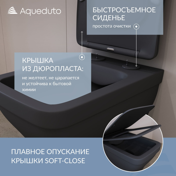 Aqueduto ESTETA Унитаз подвесной 520*370 безободковый, сиденье с микролифтом, черный матовый