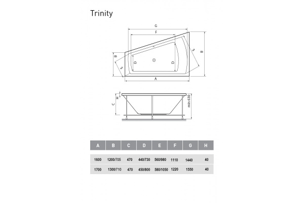 Ванна акриловая левосторонняя Vayer Trinity Гл000006818, 170x130