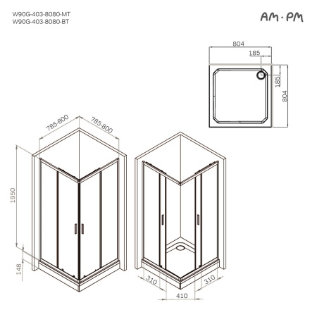 W90G-403-8080-BT Gem Душевое ограждение AM.PM квадратн.,раздвиж.двери 80x80 черный мат.,стекло прозрачное