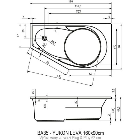 Акриловая ванна Riho Yukon 160x90 L Plug&Play BD7500500000000