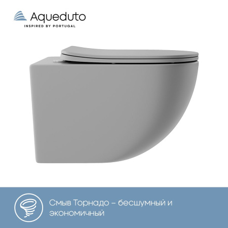 Aqueduto OVO Tornado Унитаз подвесной 525*360 безободковый, Tornado, сиденье с микролифтом, серый матовый
