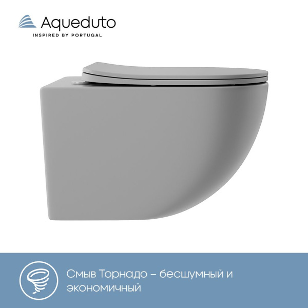 Aqueduto OVO Tornado Унитаз подвесной 525*360 безободковый, Tornado, сиденье с микролифтом, серый матовый