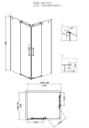 Душевое ограждение Grossman GR-1110L Cosmo 110*90*190 прямоугольник, двери раздвижные