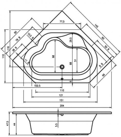 Акриловая ванна с усиленным каркасом и сифоном Riho Winnipeg 145x145 BA4800500000000