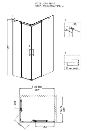 Душевое ограждение Grossman GR-3110R Galaxy 110*80*190 прямоугольник, двери раздвижные