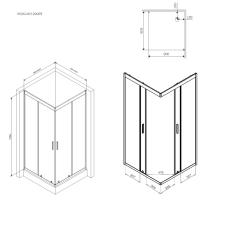 W90G-403-090BT Душевое ограждение AM.PM Gem Square Slide 90x90 стекло прозрачное, профиль черный матовый
