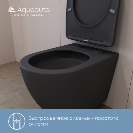 Aqueduto OVO Tornado Унитаз подвесной 525*360 безободковый, Tornado, сиденье с микролифтом, черный матовый