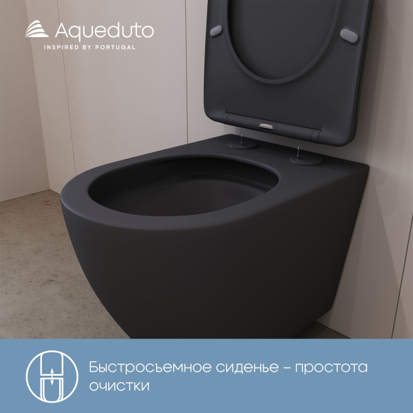 Aqueduto OVO Tornado Унитаз подвесной 525*360 безободковый, Tornado, сиденье с микролифтом, черный матовый