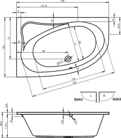Акриловая ванна с ножками Riho Lyra 170x110 R BA6300500000000