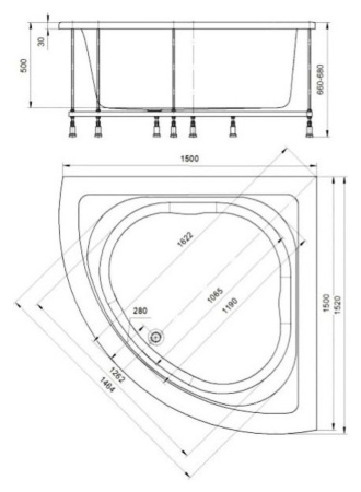 Акриловая ванна Aquatek Юпитер 150x150 UPT150-0000026 вклеенный каркас, фронтальный экран