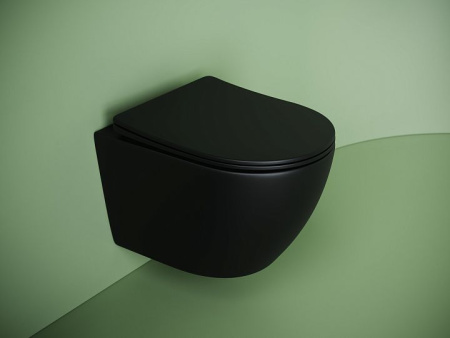 Подвесной унитаз Ceramicanova UNO безободковый, смыв Торнадо, с крепежом для полностью скрытого монтажа, ультратонким сидением с функцией быстрого снятия и крышкой с функцией плавного закрытия, цвет черный матовый CN11001TMB