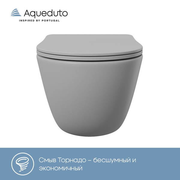 Aqueduto OVO Tornado Унитаз подвесной 525*360 безободковый, Tornado, сиденье с микролифтом, серый матовый