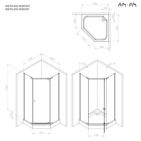 W87G-405-9090-MT Sunny Душевое ограждение AM.PM 5-угольное, распашн дверь 90x90 серебро,стекло прозрачное