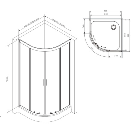 W90G-401-090BT Душевое ограждение AM.PM Gem 1/4 Rond 90x90 стекло прозрачное, профиль черный матовый