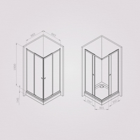 W87G-403-9090-MT Sunny Душевое ограждение AM.PM квадратное, раздвижн двери 90x90 серебро,стекло прозрачное