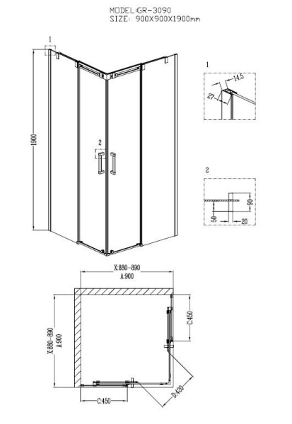 Душевое ограждение Grossman GR-3090 Galaxy 90*90*190 квадрат, двери раздвижные
