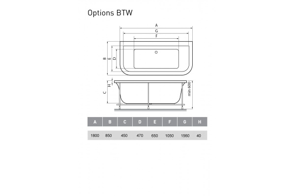 Ванна акриловая Vayer Options BTW Гл000006810, 180x85