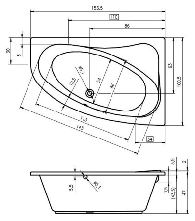 Акриловая ванна с ножками Riho Lyra 153x100 L BA6800500000000