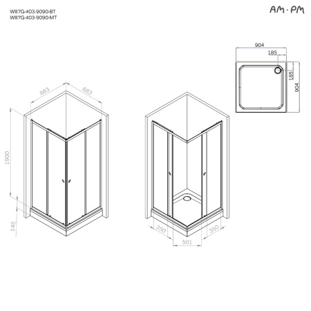 W87G-403-9090-MT Sunny Душевое ограждение AM.PM квадратное, раздвижн двери 90x90 серебро,стекло прозрачное