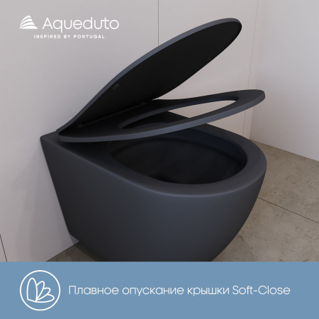 Aqueduto OVO Tornado Унитаз подвесной 525*360 безободковый, Tornado, сиденье с микролифтом, черный матовый