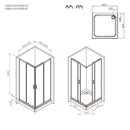 W90G-403-9090BT Gem Душевое ограждение AM.PM квадратн.,раздвиж.двери 90x90 черный мат.,стекло прозрачное