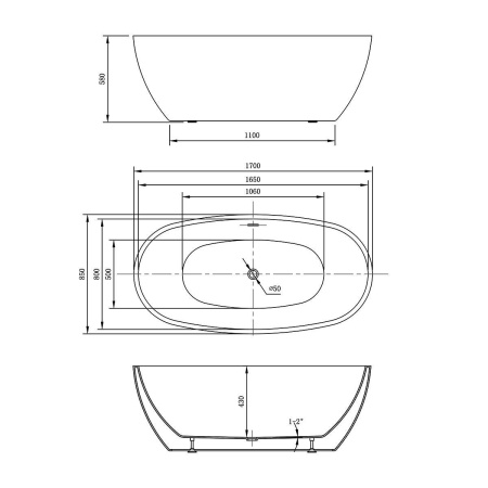 Ванна акриловая Vincea VBT-404-1700, 1700*850*580, цвет белый, слив-перелив в комплекте, хром