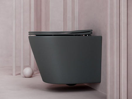 Подвесной унитаз Ceramicanova Balearica  Rimless (цвет Темный Антрацит Матовый), глубокий смыв, с крепежом для полностью скрытого монтажа,  ультратонким сидением и крышкой с функцией плавного закрытия, дюропласт CN6000MDH