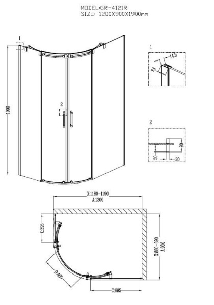 Душевое ограждение Grossman GR-4121R Galaxy 120*90*190 двери раздвижные