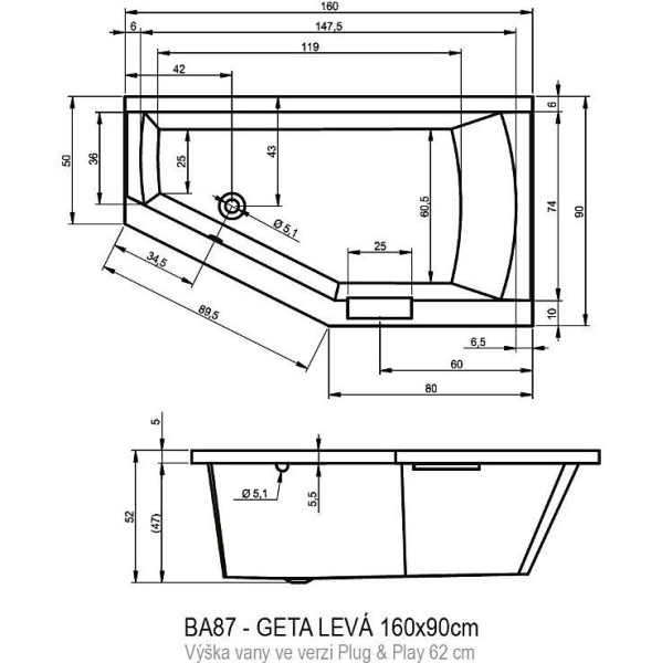 Акриловая ванна Riho Geta 160x90 L Plug&Play BD4700500000000