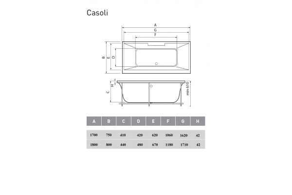Ванна акриловая Vayer Casoli Гл000006806, 170x75