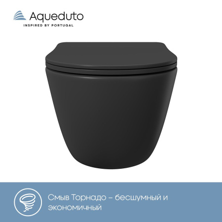 Aqueduto OVO Tornado Унитаз подвесной 525*360 безободковый, Tornado, сиденье с микролифтом, черный матовый