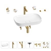 Раковина для ванной Wellsee Croquis 201005628 в наборе 9 в 1: раковина белого глянцевого цвета, высокий смеситель, сифон, выпуск, угловые вентили, аксессуары (цвет золото)