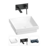 Раковина для ванной Wellsee Doux 201000647 в наборе 2 в 1: квадратная раковина белого глянцевого цвета, встраиваемый смеситель в цвете матовый черный