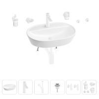 Раковина для ванной Wellsee Calin 201005595 в наборе 9 в 1: раковина белого глянцевого цвета, смеситель, сифон, донный клапан, угловые вентили, аксессуары (цвет набора матовый белый)