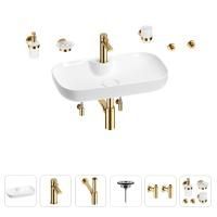 Раковина для ванной Wellsee Croquis 2.0 201005833 в наборе 9 в 1: раковина белого глянцевого цвета, смеситель, сифон, выпуск, угловые вентили, аксессуары (цвет набора золото)