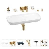Раковина для ванной Wellsee Croquis 201005738 в наборе 8 в 1: раковина белого глянцевого цвета, встраиваемый смеситель, сифон, выпуск, аксессуары (цвет набора золото)