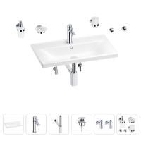 Раковина для ванной Wellsee FreeDom 201007066 в наборе 9 в 1: раковина белого глянцевого цвета, смеситель, сифон, донный клапан, угловые вентили, аксессуары (цвет набора хром)