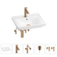 Раковина для ванной Wellsee FreeDom 201004769 в наборе 5 в 1: раковина белого глянцевого цвета, смеситель, сифон, донный клапан, угловые вентили (цвет набора розовое золото)