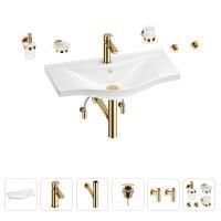 Раковина для ванной Wellsee Bisou 201007423 в наборе 9 в 1: раковина белого глянцевого цвета, смеситель, сифон, донный клапан, угловые вентили, аксессуары (цвет набора золото)