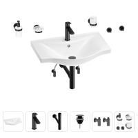 Раковина для ванной Wellsee Bisou 201007322 в наборе 9 в 1: раковина белого глянцевого цвета, смеситель, сифон, донный клапан, угловые вентили, аксессуары (цвет набора матовый черный)