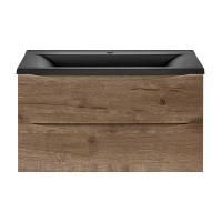 Тумба Vincea Mia 900 подвесная, 2 выкатных ящика soft close, V.Oak с умывальником VCB-3M900B из кварцевого камня, цвет черный