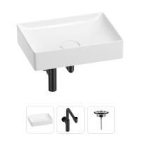 Раковина для ванной Wellsee Pure BY Wellsee 201001247 в наборе 3 в 1: прямоугольная раковина белого глянцевого цвета, сифон, выпуск в цвете матовый черный