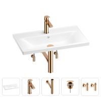 Раковина для ванной Wellsee FreeDom 201004949 в наборе 5 в 1: раковина белого глянцевого цвета, смеситель, сифон, донный клапан, угловые вентили (цвет набора розовое золото)