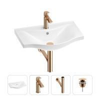Раковина для ванной Wellsee Bisou 201003524 в наборе 4 в 1: раковина белого глянцевого цвета, смеситель, сифон, донный клапан (цвет набора розовое золото)
