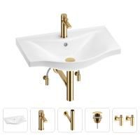 Раковина для ванной Wellsee Bisou 201005253 в наборе 5 в 1: раковина белого глянцевого цвета, смеситель, сифон, донный клапан, угловые вентили (цвет набора золото)