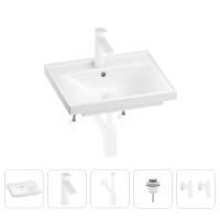 Раковина для ванной Wellsee FreeDom 201004740 в наборе 5 в 1: раковина белого глянцевого цвета, смеситель, сифон, донный клапан, угловые вентили (цвет набора матовый белый)