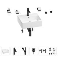 Раковина для ванной Wellsee Graceful Pro 201006657 в наборе 9 в 1: раковина белого глянцевого цвета, смеситель, сифон, донный клапан, угловые вентили, аксессуары (цвет набора матовый черный)