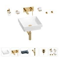 Раковина для ванной Wellsee Doux 201006003 в наборе 8 в 1: раковина белого глянцевого цвета, встраиваемый смеситель, сифон, донный клапан, аксессуары (цвет набора золото)