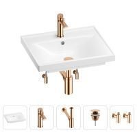 Раковина для ванной Wellsee FreeDom 201004834 в наборе 5 в 1: раковина белого глянцевого цвета, смеситель, сифон, донный клапан, угловые вентили (цвет набора розовое золото)